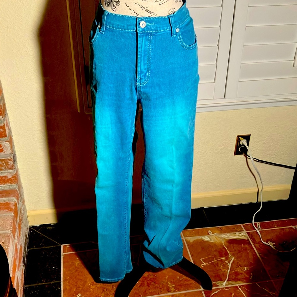 🩵🤍DG2 Aqua Denim Stretch Jeans With Silver Jeweled Accents Sz 12